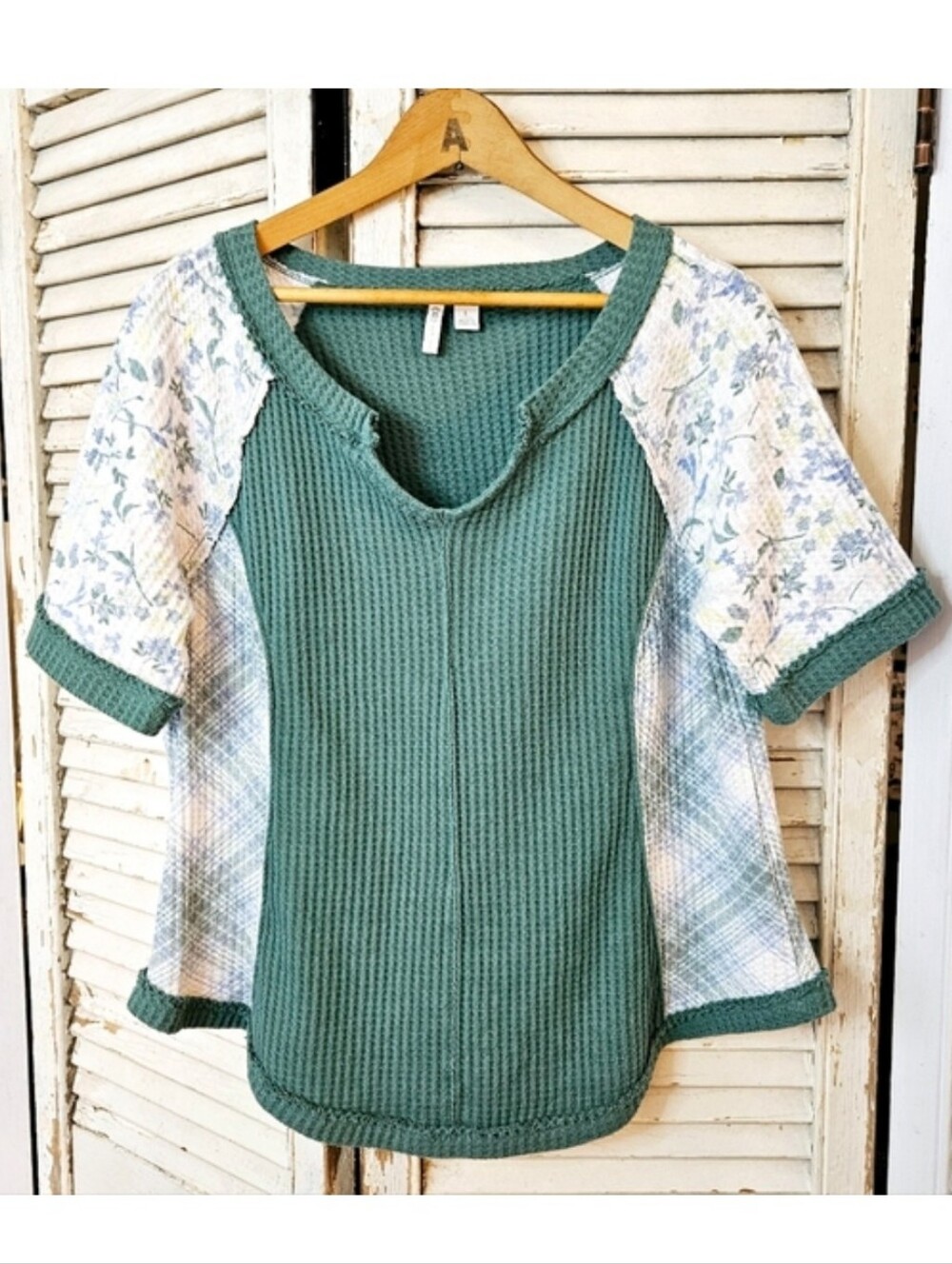 Cato Patchwork Waffle Knit Top Green And Floral Large